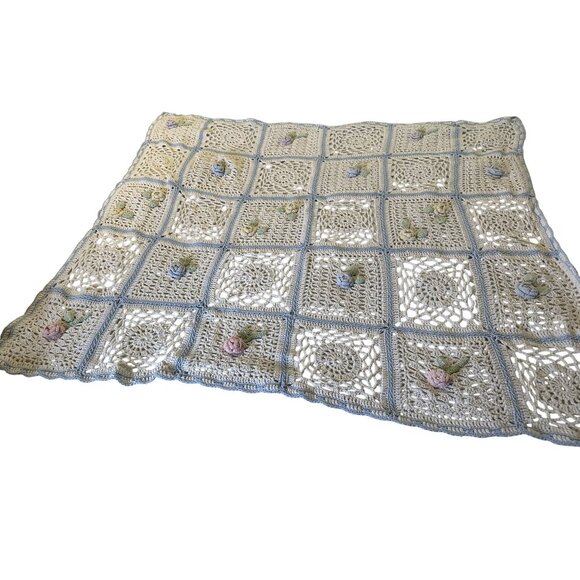 Handmade Crochet Wool Throw Blanket 47x57 3D Floral Squares Blue Border Cottage - Picture 1 of 16